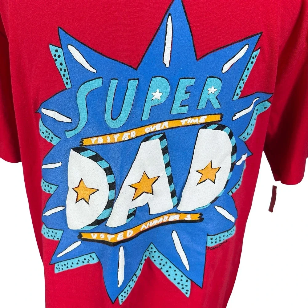 Vintage Ken Done Super Dad Graphic T-Shirt Red XL Puff Print Made in USA New